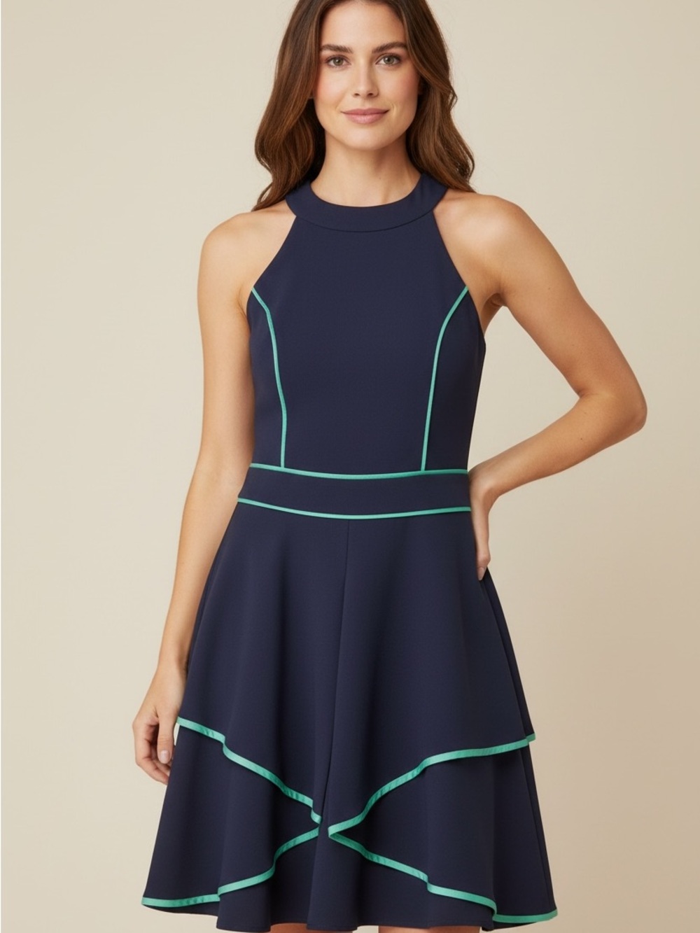 Adelyn Rae Navy Mini Dress with Aqua Trim